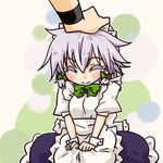  ^_^ apron blush bow braid closed_eyes colored_eyelashes hair_bow izayoi_sakuya maid maid_headdress out_of_frame petting puffy_sleeves seki_(red_shine) short_hair short_sleeves solo_focus touhou twin_braids v_arms wrist_cuffs younger 