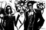  2boys alcohol chains cyborg drinking flower formal franky hand_in_pocket hyrohiku jewelry male male_focus monochrome multiple_boys muscle necklace necktie one_piece open_clothes open_shirt shirt standing straw sunglasses usopp wine wine_glass wineglass 
