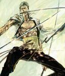  1boy black_pants dual_wielding earrings enies_lobby fighting_stance green_hair haramaki jewelry looking_at_viewer male male_focus mouth_hold one_piece open_clothes open_shirt pants roronoa_zoro scar shirt solo sword triple_wielding unzipped weapon zipper 