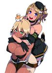  2girls :d ahoge_girl_(23) animal animal_on_head aqua_eyes arms_around_neck bare_shoulders bird blonde_hair blue_eyes blush breast_press breasts chick cleavage collarbone dark-skinned_girl_(23) dark_skin egg elbow_gloves fantasy_earth_zero gloves green_eyes hat highres hug jewelry large_breasts looking_at_viewer multiple_girls necklace on_head open_mouth original ponytail revision short_hair silver_hair simple_background smile thighhighs v_arms white_background white_legwear 
