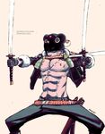  1boy animal_ears belt character_name dual_wielding fighting_stance gloves hat injury male male_focus mouth_hold mulo.. muscle nipples one_piece open_clothes open_shirt roronoa_zoro scabbard scar sheath shirt solo standing sword triple_wielding weapon 