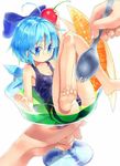  barefoot blue_eyes blue_hair breasts cherry cirno covered_nipples cup feet food fruit glass holding in_container in_cup in_food mikan_(bananoha) minigirl mundane_utility one-piece_swimsuit school_swimsuit short_hair simple_background small_breasts soles solo spoon spork swimsuit toes touhou white_background 