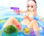  bare_shoulders bikini blush breasts cleavage covered_nipples food fruit headphones highres large_breasts long_hair navel nitroplus open_mouth pink_eyes pink_hair rubber_duck smile solo spread_legs strap_gap summer super_sonico swimsuit underboob wading_pool water water_gun watermelon 