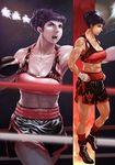  abs absurdres black_hair blue_eyes boxing boxing_gloves boxing_ring braid breasts hair_up highres large_breasts light muscle muscular_female original projected_inset punching red_legwear sports_bra vigwer 