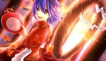  blue_hair fuuna_(conclusion) hair_ornament highres leaf long_sleeves maple_leaf open_mouth puffy_sleeves red_eyes rope shimenawa short_hair solo touhou yasaka_kanako 