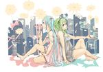  aqua_eyes aqua_hair back-to-back bad_id bad_pixiv_id barefoot cityscape daisy dress feet flower food fruit green_eyes green_hair gumi hairband hatsune_miku keita_(siruvia9) long_hair multiple_girls sidelocks sitting spoon strawberry strawberry_blossoms twintails very_long_hair vocaloid 