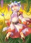  ahoge alternate_costume animal_ears belt boots cosplay final_fantasy fun_bo grass holding inubashiri_momiji jewelry open_mouth red_eyes short_hair silver_hair single_earring solo tail touhou white_hair white_mage white_mage_(cosplay) wolf_ears wolf_tail 