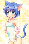  animal_ears blue_eyes blue_hair cat_ears cat_tail holding one-piece_swimsuit onka original short_hair solo swimsuit tail towel usashiro_mani white_swimsuit 