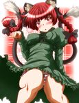  animal_ears blush bow braid cat_ears cat_tail hair_bow highres kaenbyou_rin long_hair long_sleeves multiple_tails open_mouth panties puffy_sleeves red_eyes red_hair solo striped striped_panties tail touhou twin_braids underwear zan_(harukahime) 