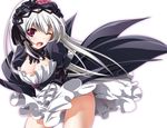  breasts cleavage flower gucchi large_breasts long_hair long_sleeves one_eye_closed panties pink_panties puffy_sleeves red_eyes rose rozen_maiden silver_hair solo suigintou underwear white_background 