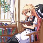  blonde_hair book bookshelf bow braid detached_sleeves hair_bow hakurei_reimu hat hat_removed headwear_removed highres kirisame_marisa long_hair naba_(take_tonbo) picture_(object) reading sitting smile solo touhou window yellow_eyes 