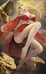  akai_kitsune bad_id bad_pixiv_id bare_legs bare_shoulders barefoot blonde_hair bottomless breasts byunei elf fingernails highres japanese_clothes large_breasts legs long_hair nail_polish pointy_ears red_nails romancing_saga_3 saga snake 