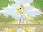  blonde_hair cutie_mark derpy_hooves_(mlp) equine female feral friendship_is_magic hair horse looking_at_viewer looking_back mail mammal my_little_pony outside pegasus pony solo v-invidia wings 
