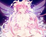  bad_id bad_pixiv_id bow dress duplicate gloves glowing glowing_wings hair_bow hands_clasped highres kaname_madoka laevateinn_(artist) long_hair looking_at_viewer mahou_shoujo_madoka_magica open_mouth own_hands_together pink_dress pink_eyes pink_hair silhouette solo two_side_up ultimate_madoka white_gloves wings 