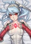 android blue_hair headphones heart labrys long_hair looking_at_viewer lying persona persona_4:_the_ultimate_in_mayonaka_arena ponytail red_eyes robot_joints speh 