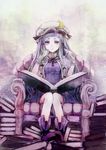  bare_legs book chair childofa crescent easy_chair full_body gloves hat long_hair looking_at_viewer open_book patchouli_knowledge purple_eyes purple_hair sitting solo touhou very_long_hair 