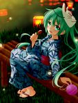  alternate_costume bench blush candy food fruit green_eyes green_hair hatsune_miku highres japanese_clothes long_hair long_sleeves obi open_mouth sash side_ponytail sitting solo strawberry terun vocaloid wide_sleeves 
