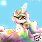  coconut crown cutie_mark equine eyewear female feral friendship_is_magic glowing gold hair horn horse levitation magic mammal multi-colored_hair my_little_pony princess princess_celestia_(mlp) royalty sky sparkles spittfire straw sun sunglasses winged_unicorn wings 