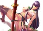  artist_request blue_eyes breasts busujima_saeko female highres highschool_of_the_dead katana large_breasts long_hair nipples panties purple_hair pussy solo sword thighhighs torn_clothes uncensored underwear vagina weapon 