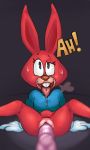  2018 4_fingers anthro blur_(disambiguation) clerk_clara clothing drooling english_text female fur lagomorph looking_pleasured lying mammal missionary_position on_back penetration penis pussy rabbit red_fur saliva sex simple_background spread_legs spreading sweat teeth text tongue tongue_out toontown_online toony vaginal vaginal_penetration 