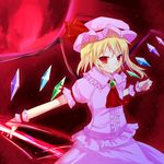  ascot bad_id bad_pixiv_id blonde_hair cosplay crystal denu flandre_scarlet hat moon polearm puffy_sleeves red_moon remilia_scarlet remilia_scarlet_(cosplay) short_hair short_sleeves side_ponytail smile solo spear spear_the_gungnir touhou weapon wings wrist_cuffs 
