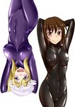  absurdres arms_behind_head black_bodysuit blonde_hair blush bodysuit breasts brown_eyes brown_hair cameltoe hat highres large_breasts latex looking_at_viewer maribel_hearn multiple_girls open_mouth purple_bodysuit purple_eyes rotational_symmetry shiny shiny_clothes short_hair skin_tight smile tamakko touhou upside-down usami_renko 