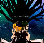  always_and_forever_(vocaloid) back-to-back blonde_hair blue_flower blue_rose bow choker copyright_name crying dress english flower frills green_eyes green_hair gumi hair_bow hair_ornament hairband hairclip hands_on_own_chest highres kagamine_rin multiple_girls profile rose short_hair sky star_(sky) starry_sky tears tree vocaloid yellow_eyes yudu_28 