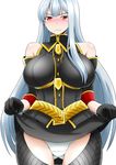  bare_shoulders blue_hair breasts gloves impossible_clothes impossible_shirt jean-louis_(yuasa_rengou) large_breasts long_hair panties red_eyes selvaria_bles senjou_no_valkyria shirt shirt_lift simple_background skirt skirt_lift solo underwear white_panties 