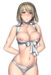  ashley_graham blush bow breasts breasts_outside brown_eyes brown_hair choker collarbone crop_top front-tie_top kansuke large_breasts midriff navel nipples panties puffy_nipples resident_evil resident_evil_4 shiny shiny_skin short_hair skindentation solo tears underwear white_background white_panties 