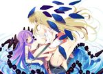  ass bad_id bad_pixiv_id bandages blonde_hair blood blue_eyes blush breasts copyright_request girl_on_top injury kawahara_megumi large_breasts long_hair multiple_girls one_eye_closed purple_eyes purple_hair sideboob sword very_long_hair water weapon 