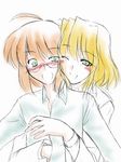  1boy 1girl ahoge artist_request blonde_hair blush glasses green_eyes hug hug_from_behind lyrical_nanoha mahou_shoujo_lyrical_nanoha mahou_shoujo_lyrical_nanoha_a&#039;s mahou_shoujo_lyrical_nanoha_a's mahou_shoujo_lyrical_nanoha_strikers shamal yuuno_scrya 