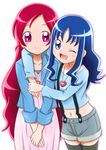  ;d arm_around_shoulder bad_id bad_pixiv_id blazer blue_eyes blue_hair casual collarbone dress hair_down hanasaki_tsubomi heartcatch_precure! jacket jewelry kurumi_erika locket long_hair midriff multiple_girls navel one_eye_closed open_mouth pendant pink_eyes pink_hair precure ripo_day shorts smile suspenders thighhighs 