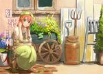  blue_eyes braid cover hat hoe hong_meiling long_hair red_hair shibasaki_shouji smile solo squatting star touhou twin_braids wheel wheelbarrow 