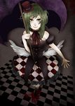  aq-l7 bare_shoulders blood bow carnival_(vocaloid) checkered checkered_floor checkered_skirt frills green_eyes green_hair gumi hat highres low_wings mini_hat mini_top_hat off_shoulder short_hair sidelocks skirt smile solo top_hat umbrella vocaloid white_wings wings 