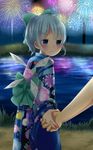  alternate_costume alternate_hairstyle blue_eyes blue_hair blush bow cirno detached_wings fireworks hair_bow hair_ornament hairpin highres holding_hands ice ice_wings japanese_clothes long_sleeves mutsumi326 out_of_frame ponytail short_hair solo_focus touhou wide_sleeves wings 