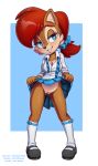  2019 anthro big_breasts black_nose blue_background blue_eyes blush breasts cleavage clothed clothing clothing_lift eyelashes female footwear ground_squirrel hair hair_bow hair_ribbon half-closed_eyes hi_res knee_socks legwear mammal necktie nipple_bulge no_underwear pussy raised_clothing red_hair ribbons rodent sally_acorn school_uniform sciurid shirt shoes short_hair simple_background skirt skirt_lift smile socks solo sonic_(series) standing teeth the_other_half two_tone_background uniform url white_background 