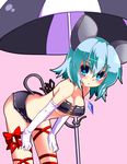  alternate_costume alternate_eye_color alternate_hair_color animal_ears aqua_eyes aqua_hair bent_over blush breasts cleavage elbow_gloves gin_(shioyude) gloves large_breasts leg_ribbon mouse_ears mouse_tail nazrin pink_background race_queen ribbon short_hair simple_background solo tail touhou umbrella 