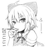  bow cirno dated food greyscale hair_bow lockheart looking_at_viewer monochrome pocky pocky_day short_hair simple_background solo touhou white_background 