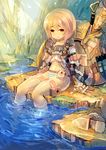  blonde_hair drooling fingerless_gloves gloves highres holster mamuru open_mouth orange_eyes original panties short_hair sitting soaking_feet solo striped striped_panties thigh_holster underwear water 