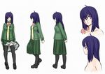  ahoge alternate_costume alternate_legwear arms_behind_back black_legwear hair_over_one_eye ikezawa_hanako katawa_shoujo kekekeke long_hair mary_janes pleated_skirt purple_eyes purple_hair scar shoes skirt solo thighhighs vest wind wind_lift 