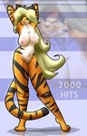  aydl bagelcollector big_breasts blowup_background breasts exposed eyewear feline female female_solo front_view fur glasses green_eyes looking_at_viewer mammal nipples nude orange_fur pinup pose pussy raised_arm simple_background solo tiger tiger_girl 