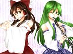  bad_id bad_pixiv_id bow brown_eyes brown_hair clarinet detached_sleeves flute frog_hair_ornament green_eyes green_hair hair_bow hair_ornament hair_tubes hakurei_reimu instrument kochiya_sanae long_hair multiple_girls naxia one_eye_closed smile touhou wide_sleeves 