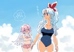  alternate_hairstyle animal_ears bikini blush breast_envy breasts cleavage closed_eyes earrings jewelry kamishirasawa_keine large_breasts long_hair mitsumoto_jouji multiple_girls mystia_lorelei one-piece_swimsuit pink_hair plump ponytail red_eyes sketch swimsuit touhou translated wings 