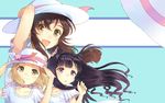  :3 :d arm_up black_hair blonde_hair brown_hair child choker flower hand_on_headwear hands_on_headwear hat hat_flower hat_removed hat_ribbon headwear_removed looking_at_viewer md5_mismatch multiple_girls open_mouth original purple_eyes ribbon ribbon_choker short_hair smile sun_hat t-okada wind yellow_eyes 