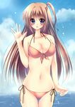  amane_ruri bad_id bad_pixiv_id bikini brown_hair highres long_hair one_side_up original purple_eyes solo swimsuit waving 