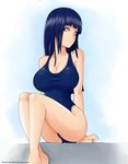  arms_behind_back blue_hair breasts cleavage commentary crossed_ankles evil-dei hyuuga_hinata large_breasts legs_together long_hair naruto_(series) naruto_shippuuden one-piece_swimsuit purple_eyes school_swimsuit sitting solo swimsuit 