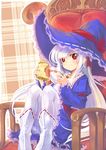  bad_id bad_pixiv_id chair cup dress food gaddy_(fortywinks) hair_ribbon hat hat_ribbon holding knees_up long_hair looking_at_viewer original pantyhose red_eyes ribbon sandwich silver_hair sitting smile solo teacup white_legwear witch_hat 