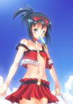  amae_koromo bag bare_shoulders black_hair blue_eyes cloud day flat_chest food kunihiro_hajime midriff navel ponytail popsicle revealing_clothes saki shopping_bag short_hair sky solo star thighhighs un4lord 