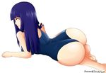  ass bad_deviantart_id bad_id barefoot blue_hair breasts evil-dei from_behind highres hime_cut huge_ass hyuuga_hinata large_breasts long_hair lying naruto naruto_(series) naruto_shippuuden on_side one-piece_swimsuit purple_eyes school_swimsuit seductive_smile simple_background smile solo swimsuit white_background 