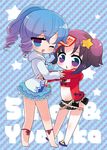  alternate_costume alternate_hairstyle blue_eyes blue_hair hair_ornament kaku_seiga leaf long_sleeves marshmallow_mille miyako_yoshika multiple_girls navel ofuda open_mouth ponytail purple_eyes purple_hair star touhou twintails 